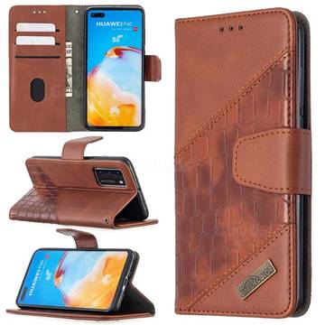 BinfenColor BF04 Color Block Stitching Crocodile Leather Case Cover for Huawei P40 - Brown