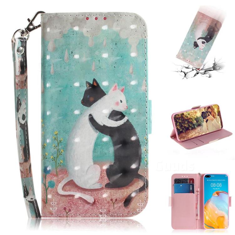 Black and White Cat 3D Painted Leather Wallet Phone Case for Huawei P40