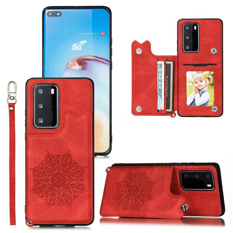 Luxury Mandala Multi-function Magnetic Card Slots Stand Leather Back Cover for Huawei P40 - Red