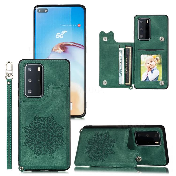 Luxury Mandala Multi-function Magnetic Card Slots Stand Leather Back Cover for Huawei P40 - Green