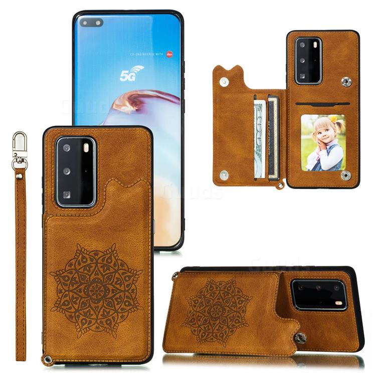 Luxury Mandala Multi-function Magnetic Card Slots Stand Leather Back Cover for Huawei P40 - Brown