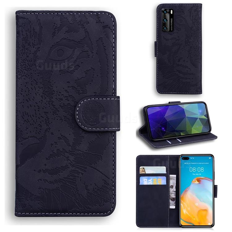 Intricate Embossing Tiger Face Leather Wallet Case for Huawei P40 - Black