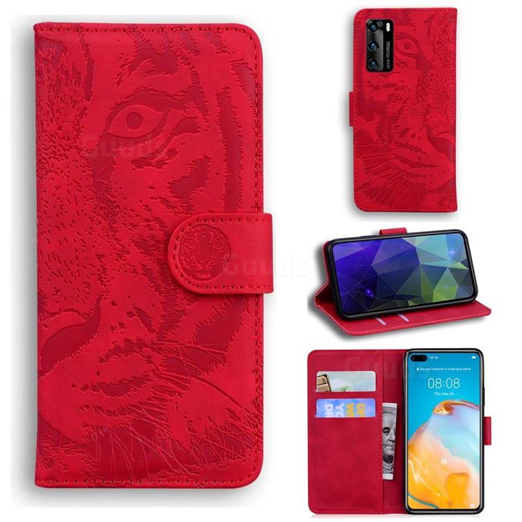 Intricate Embossing Tiger Face Leather Wallet Case for Huawei P40 - Red