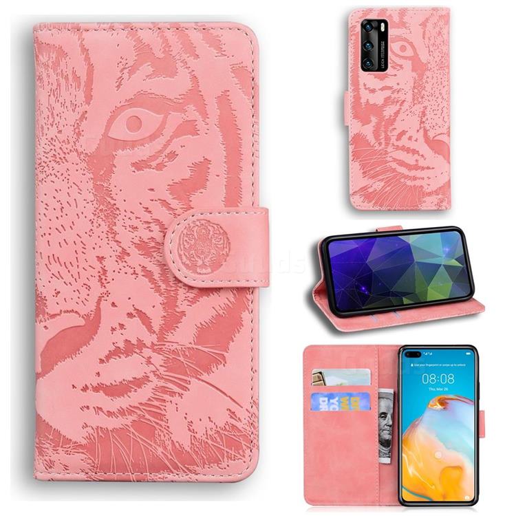 Intricate Embossing Tiger Face Leather Wallet Case for Huawei P40 - Pink