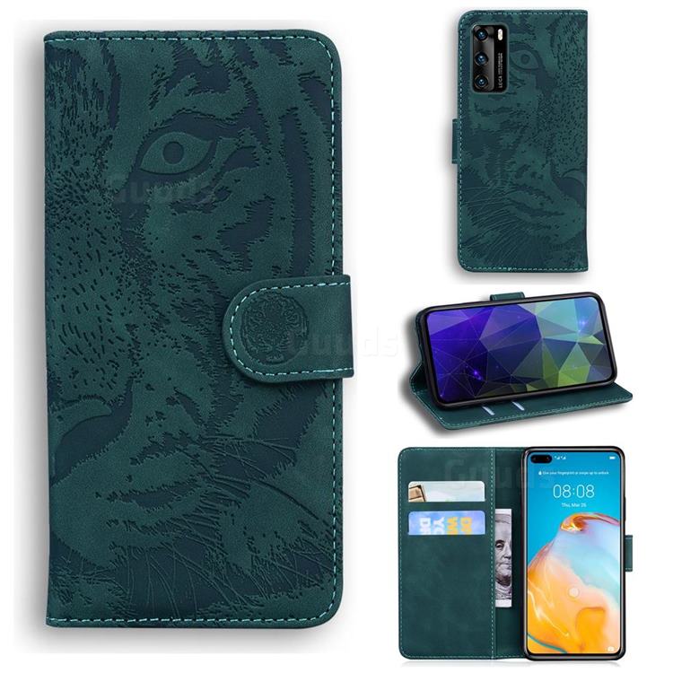 Intricate Embossing Tiger Face Leather Wallet Case for Huawei P40 - Green