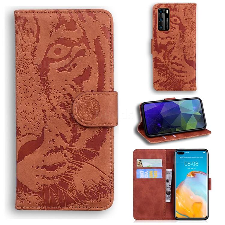 Intricate Embossing Tiger Face Leather Wallet Case for Huawei P40 - Brown