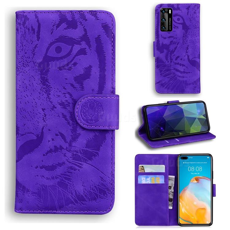 Intricate Embossing Tiger Face Leather Wallet Case for Huawei P40 - Purple