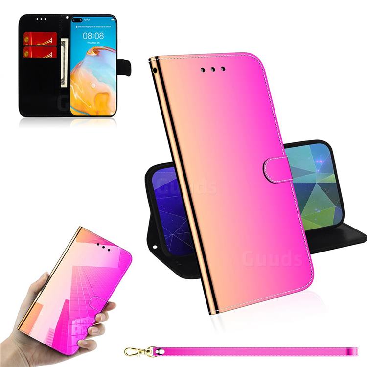 Shining Mirror Like Surface Leather Wallet Case for Huawei P40 - Rainbow Gradient