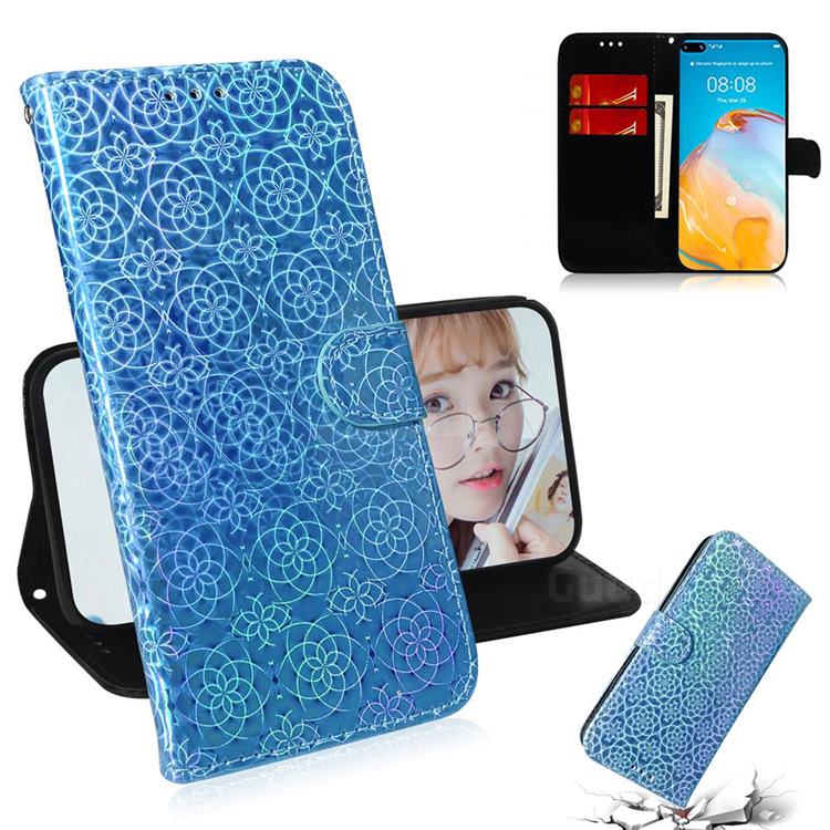 Laser Circle Shining Leather Wallet Phone Case for Huawei P40 - Blue