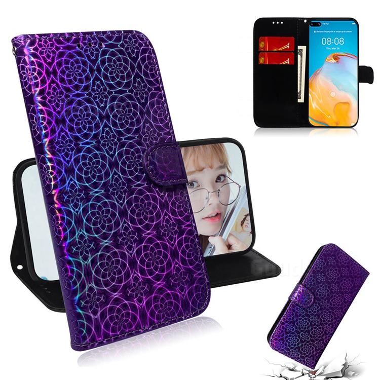 Laser Circle Shining Leather Wallet Phone Case for Huawei P40 - Purple