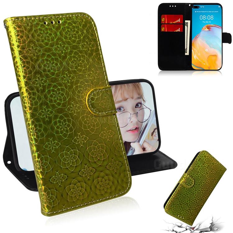 Laser Circle Shining Leather Wallet Phone Case for Huawei P40 - Golden
