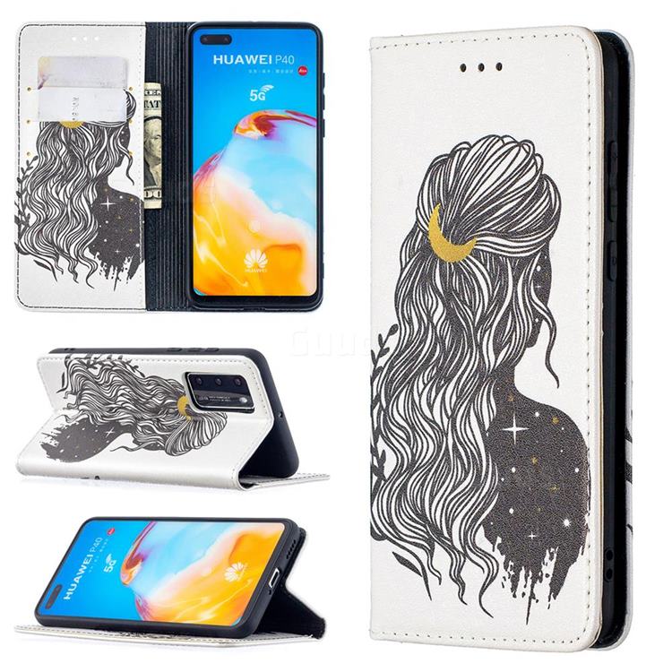 Girl with Long Hair Slim Magnetic Attraction Wallet Flip Cover for Huawei P40