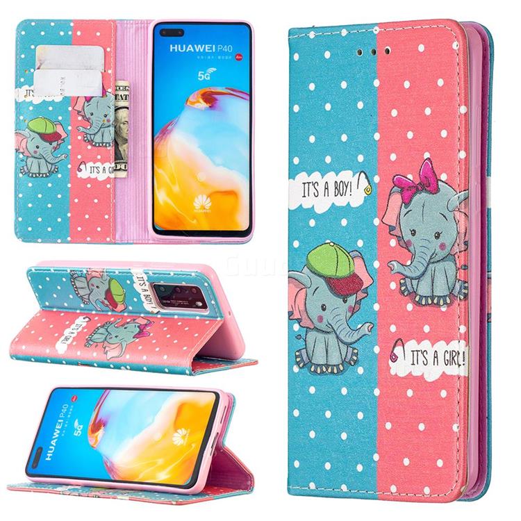 Elephant Boy and Girl Slim Magnetic Attraction Wallet Flip Cover for Huawei P40