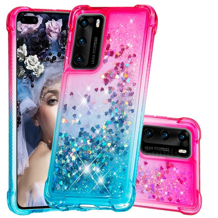 Rainbow Gradient Liquid Glitter Quicksand Sequins Phone Case for Huawei P40 - Pink Blue