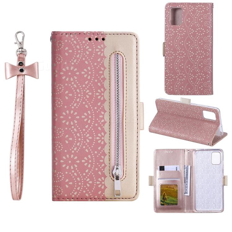 Luxury Lace Zipper Stitching Leather Phone Wallet Case for Huawei P40 - Pink