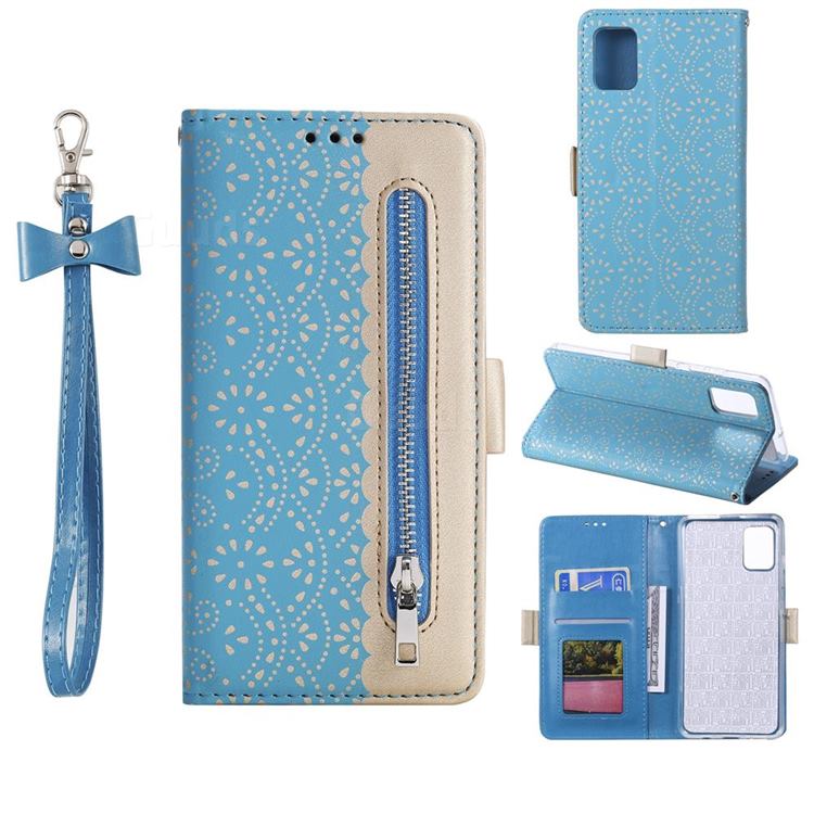 Luxury Lace Zipper Stitching Leather Phone Wallet Case for Huawei P40 - Blue