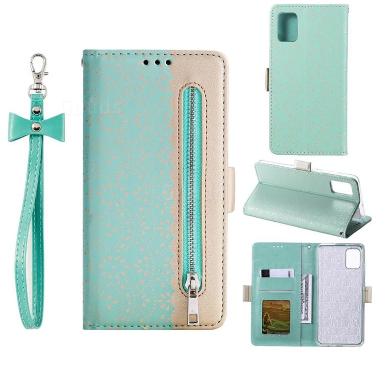 Luxury Lace Zipper Stitching Leather Phone Wallet Case for Huawei P40 - Green