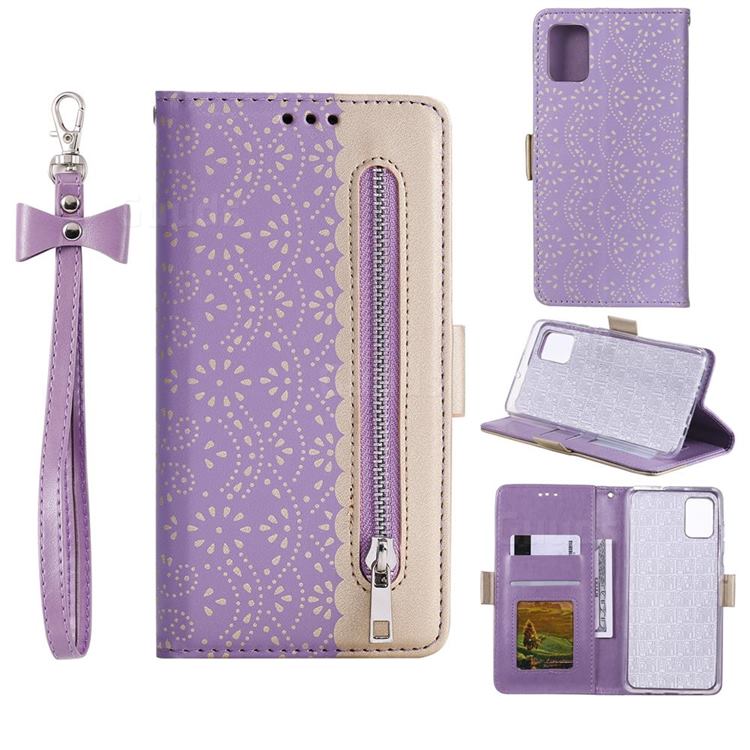Luxury Lace Zipper Stitching Leather Phone Wallet Case for Huawei P40 - Purple