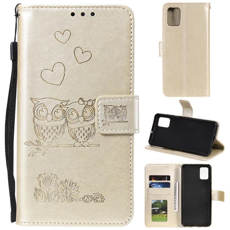 Embossing Owl Couple Flower Leather Wallet Case for Huawei P40 - Golden