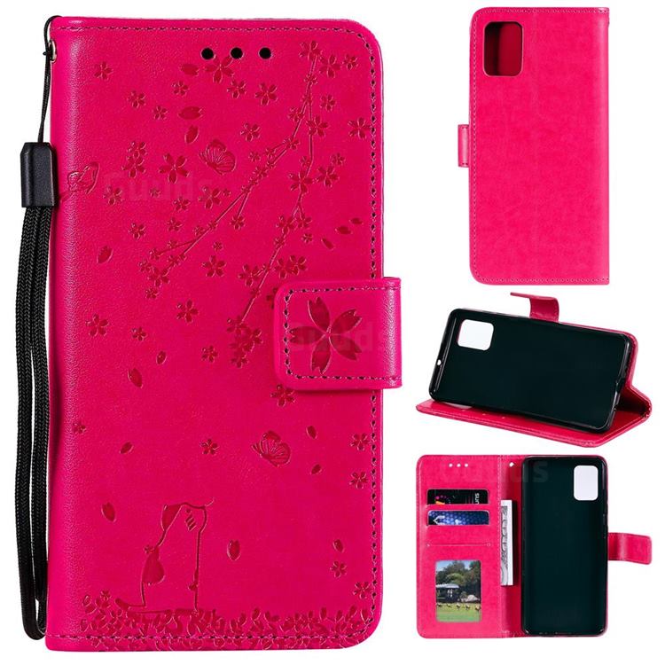 Embossing Cherry Blossom Cat Leather Wallet Case for Huawei P40 - Rose