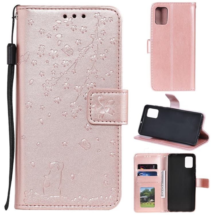 Embossing Cherry Blossom Cat Leather Wallet Case for Huawei P40 - Rose Gold