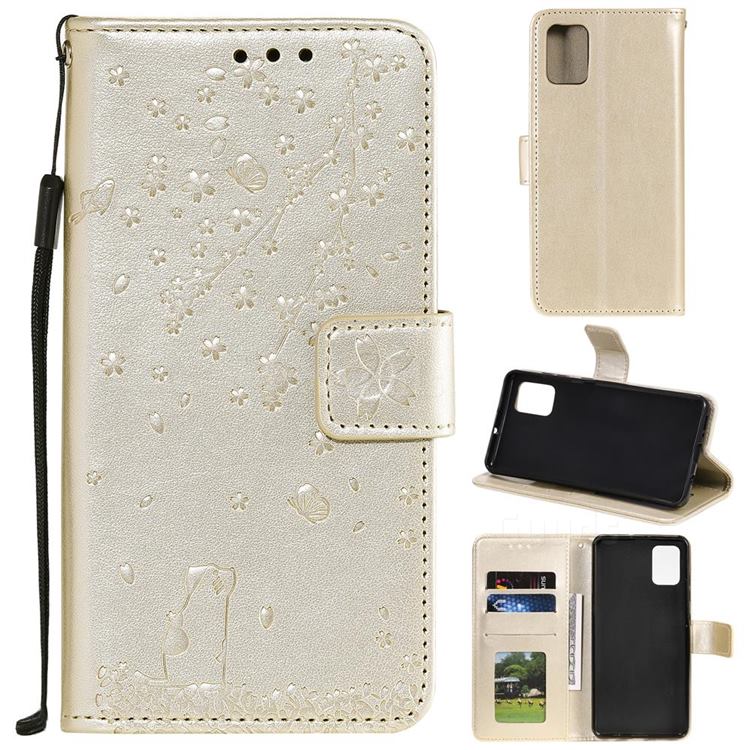 Embossing Cherry Blossom Cat Leather Wallet Case for Huawei P40 - Golden