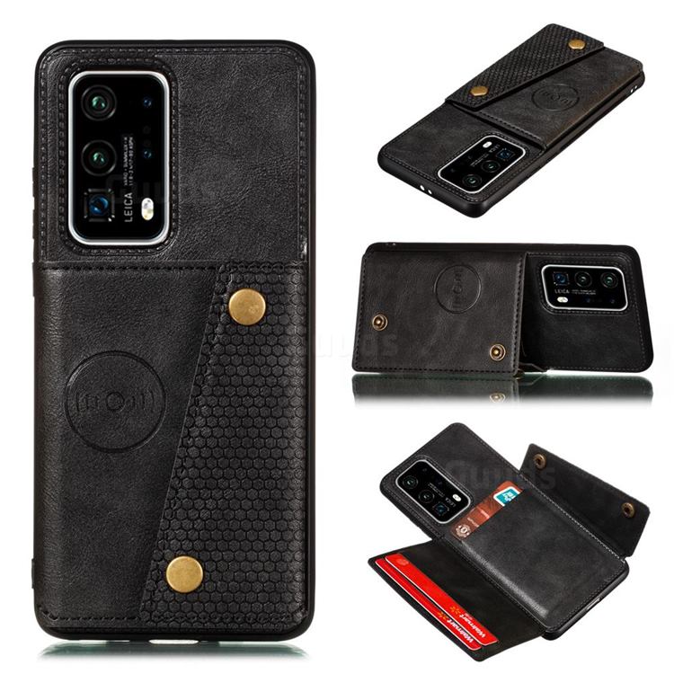 Retro Multifunction Card Slots Stand Leather Coated Phone Back Cover for Huawei P40 - Black