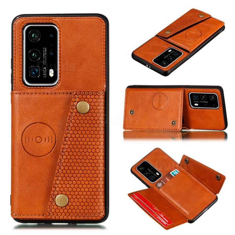 Retro Multifunction Card Slots Stand Leather Coated Phone Back Cover for Huawei P40 - Brown