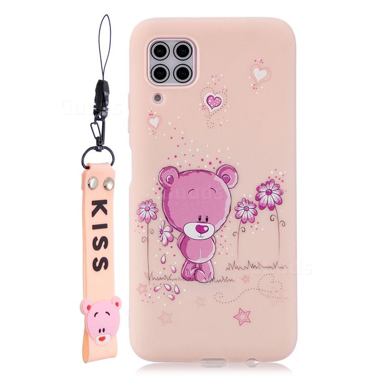 Pink Flower Bear Soft Kiss Candy Hand Strap Silicone Case for Huawei P40 Lite