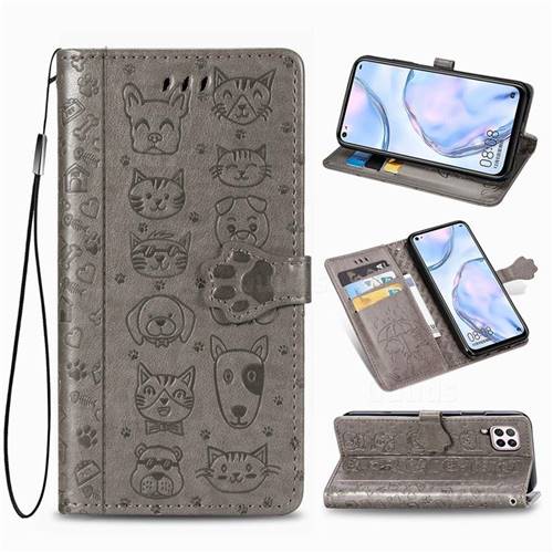 Embossing Dog Paw Kitten and Puppy Leather Wallet Case for Huawei P40 Lite - Gray