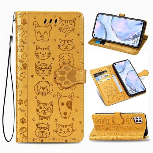 Embossing Dog Paw Kitten and Puppy Leather Wallet Case for Huawei P40 Lite - Yellow
