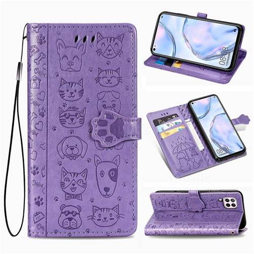 Embossing Dog Paw Kitten and Puppy Leather Wallet Case for Huawei P40 Lite - Purple