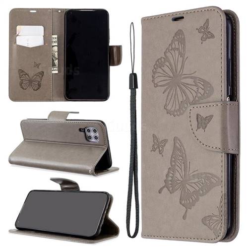 Embossing Double Butterfly Leather Wallet Case for Huawei P40 Lite - Gray