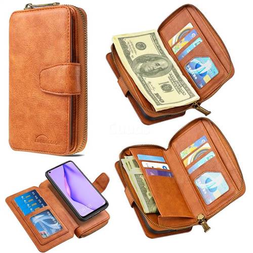 Binfen Color Retro Buckle Zipper Multifunction Leather Phone Wallet for Huawei P40 Lite - Brown