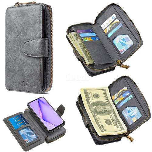 Binfen Color Retro Buckle Zipper Multifunction Leather Phone Wallet for Huawei P40 Lite - Gray