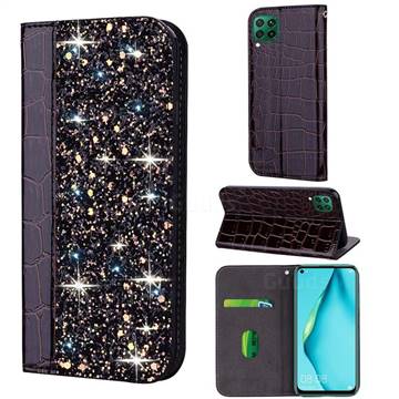 Shiny Crocodile Pattern Stitching Magnetic Closure Flip Holster Shockproof Phone Case for Huawei P40 Lite - Black Brown