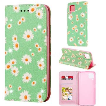 Ultra Slim Daisy Sparkle Glitter Powder Magnetic Leather Wallet Case for Huawei P40 Lite - Green