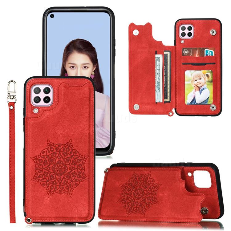 Luxury Mandala Multi-function Magnetic Card Slots Stand Leather Back Cover for Huawei P40 Lite - Red