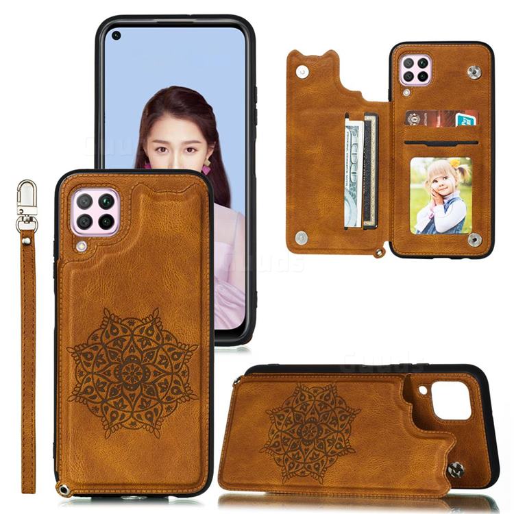 Luxury Mandala Multi-function Magnetic Card Slots Stand Leather Back Cover for Huawei P40 Lite - Brown