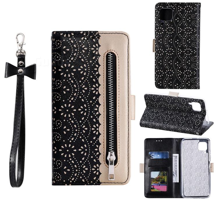 Luxury Lace Zipper Stitching Leather Phone Wallet Case for Huawei P40 Lite - Black