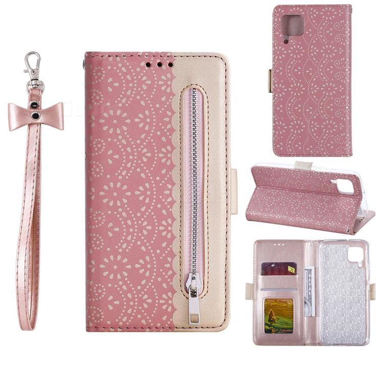 Luxury Lace Zipper Stitching Leather Phone Wallet Case for Huawei P40 Lite - Pink