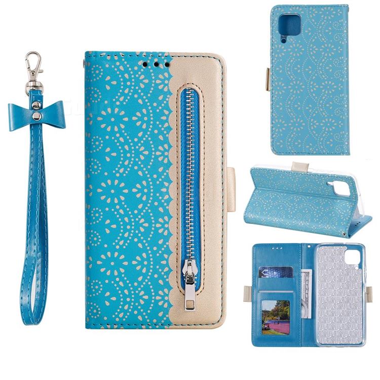 Luxury Lace Zipper Stitching Leather Phone Wallet Case for Huawei P40 Lite - Blue