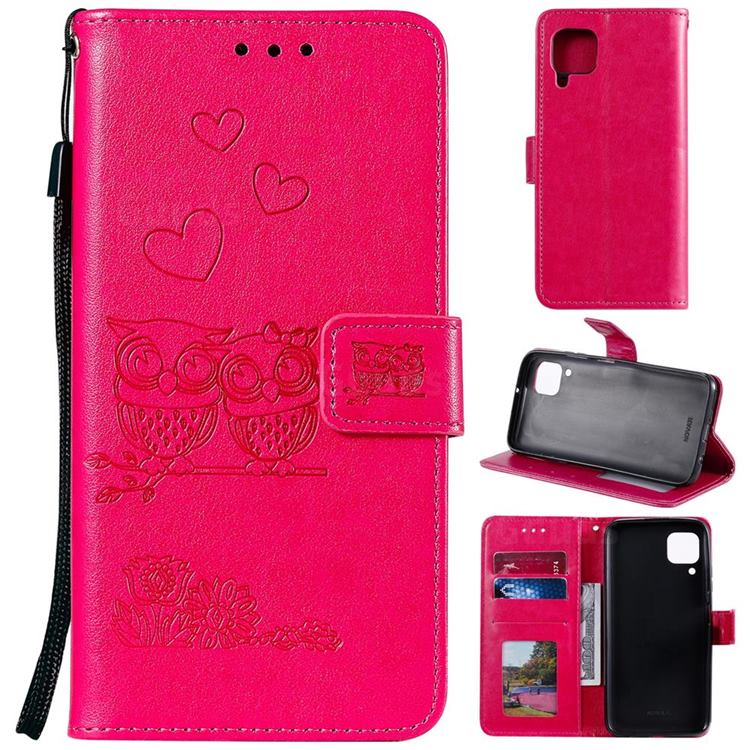 Embossing Owl Couple Flower Leather Wallet Case for Huawei P40 Lite - Red