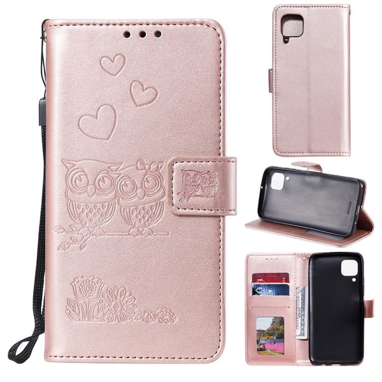 Embossing Owl Couple Flower Leather Wallet Case for Huawei P40 Lite - Rose Gold