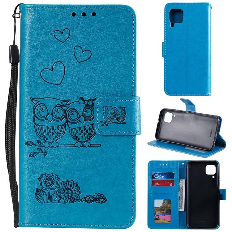 Embossing Owl Couple Flower Leather Wallet Case for Huawei P40 Lite - Blue