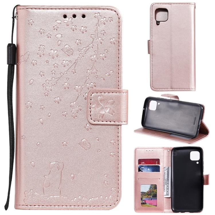 Embossing Cherry Blossom Cat Leather Wallet Case for Huawei P40 Lite - Rose Gold