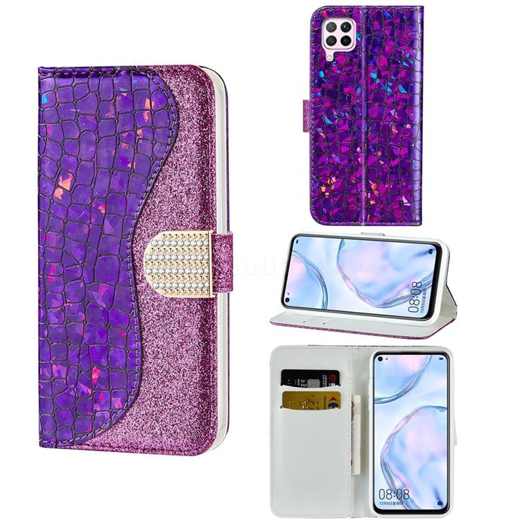 Glitter Diamond Buckle Laser Stitching Leather Wallet Phone Case for Huawei P40 Lite - Purple