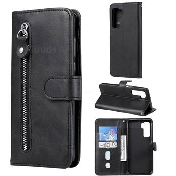 Retro Luxury Zipper Leather Phone Wallet Case for Huawei P40 Lite 5G - Black