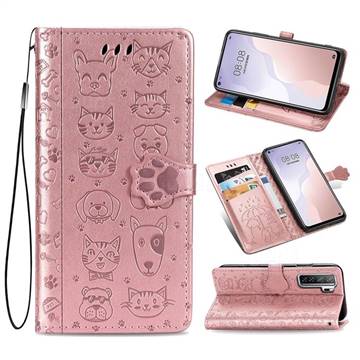 Embossing Dog Paw Kitten and Puppy Leather Wallet Case for Huawei P40 Lite 5G - Rose Gold