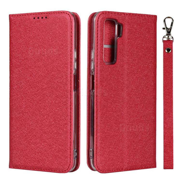 Ultra Slim Magnetic Automatic Suction Silk Lanyard Leather Flip Cover for Huawei P40 Lite 5G - Red